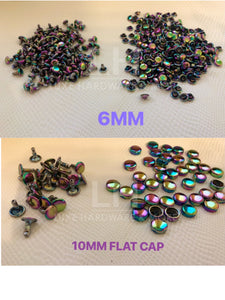 MINOR FLAWED/ OFF COLORED RAINBOW DOUBLE CAP/FLAT CAP RIVETS IN 6MM & 10MM $6.00 - $8.00/PACK OF 50 SETS