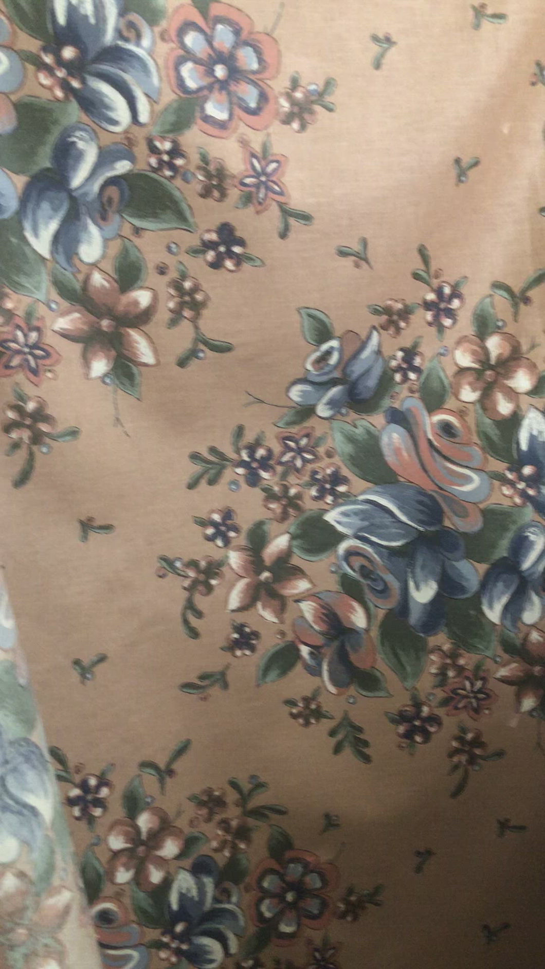 HOME DECOR FABRIC WITH LIGHT BROWN BACKGROUND AND FLOWERS $3.00/YARD